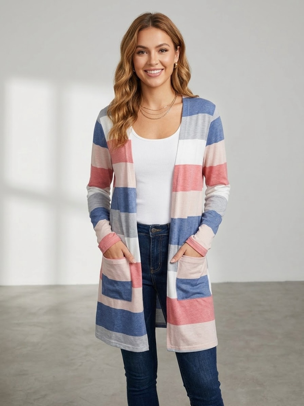 Source Unknown Striped Open Cardigan in Blue, Pink & Cream